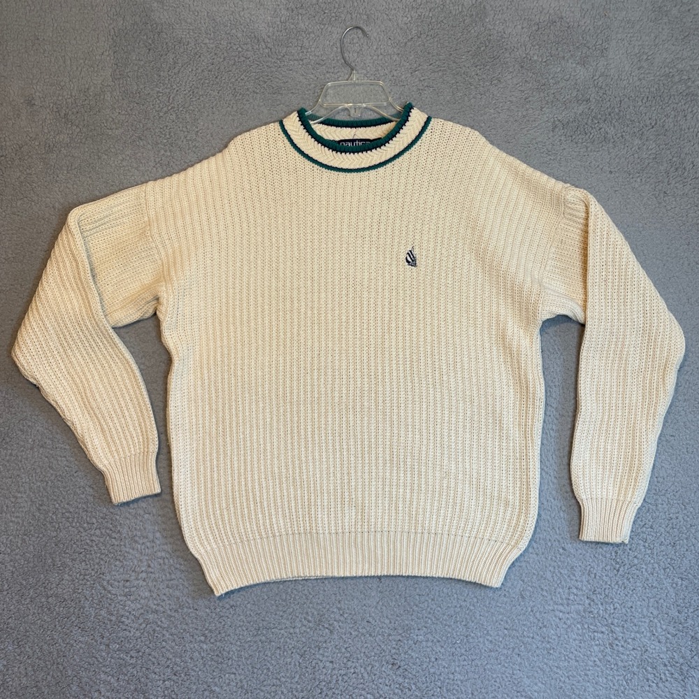 Nautica XL Cream Cotton Knit Sweater Green Trim Sailing Nautical Logo Pullover